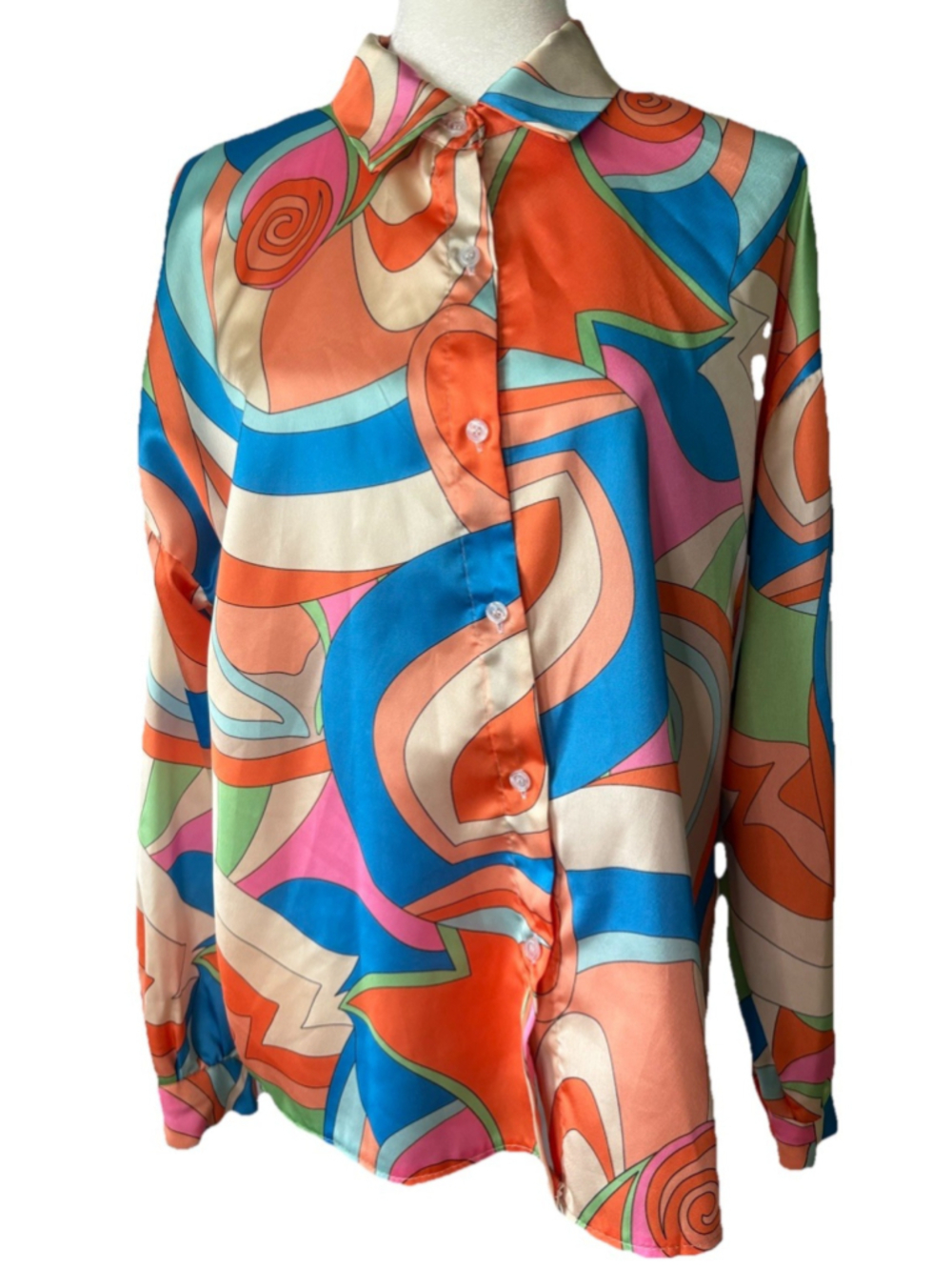 Gigi Moda Italy Silk Blend Blouse M/L Psychedelic Swirl Print Retro Boho Shirt